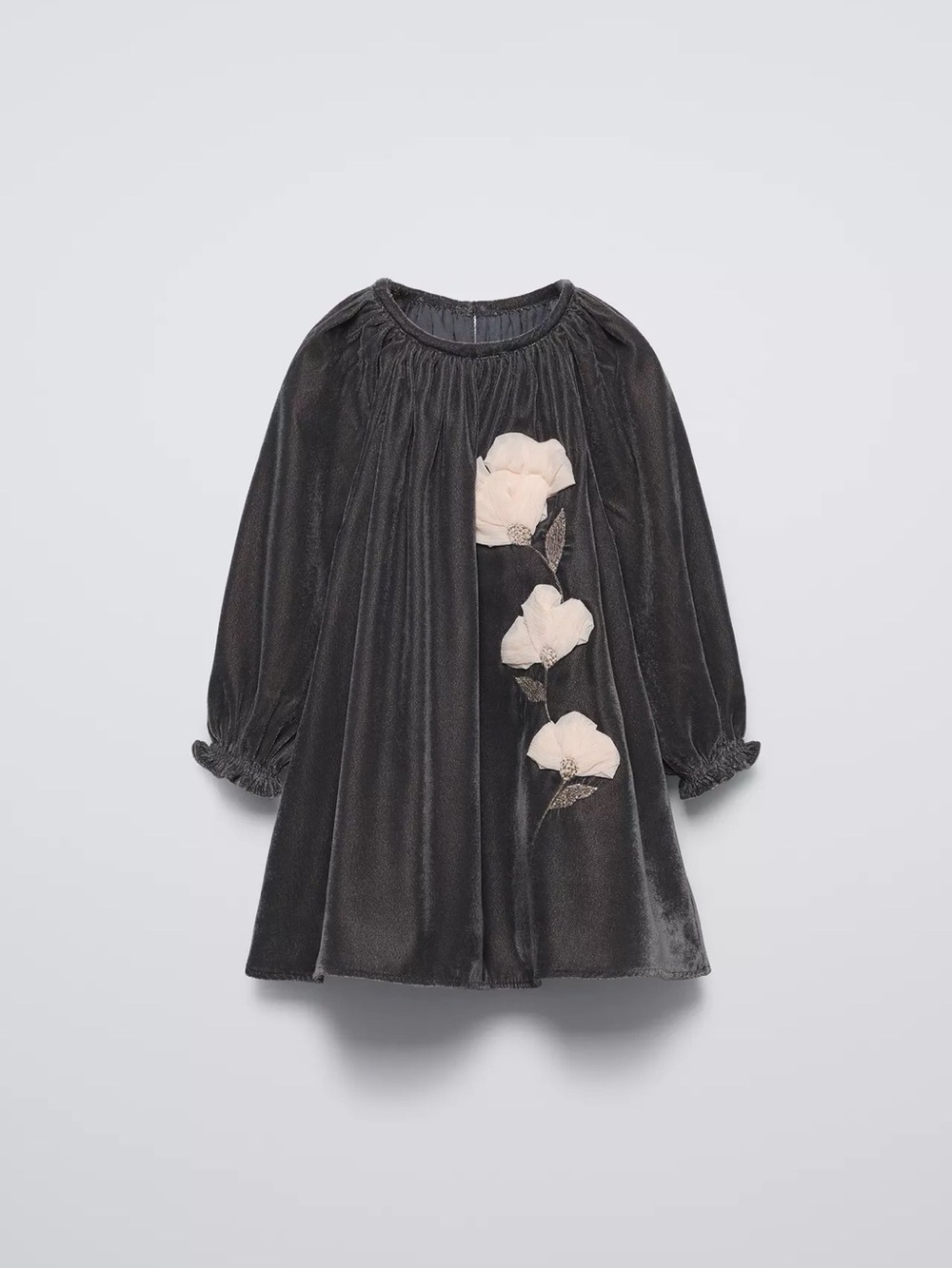 ZARA GRAY VELVET DRESS WITH 3D FLORAL APPLIQUÉ